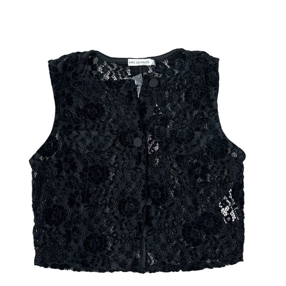 Avec Les Filles Black Lace Two Piece Suit Set Luxe Chic Vest Flared Pants Small - Picture 4 of 11